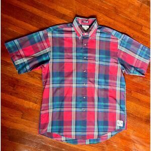 Vintage Men’s Salty Dog Gant Red Blue Plaid Tennis Oxford Short Sleeve Shirt Med